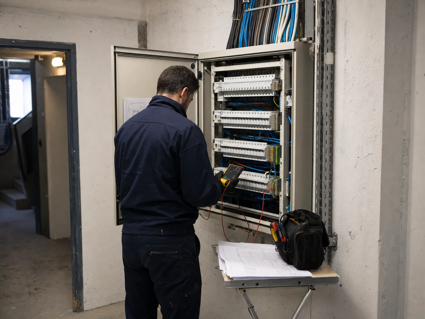 Technicien vérifiant une armoire électrique dans les parties communes d’un immeuble résidentiel