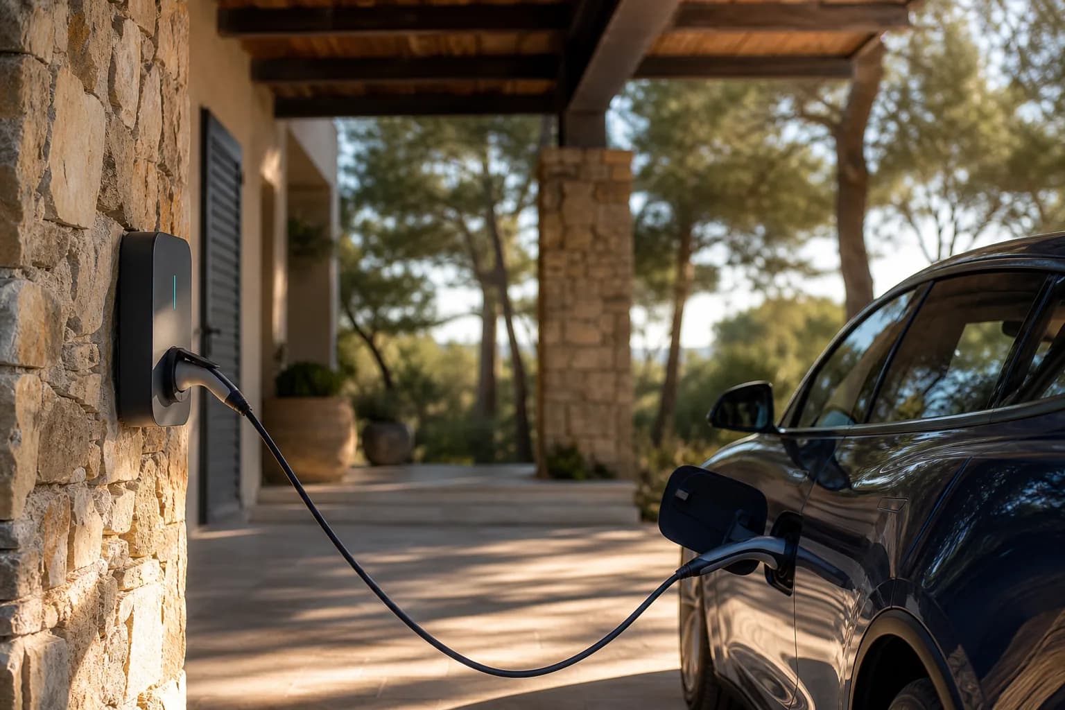 Borne de recharge intégrée sous l’auvent d’une villa contemporaine