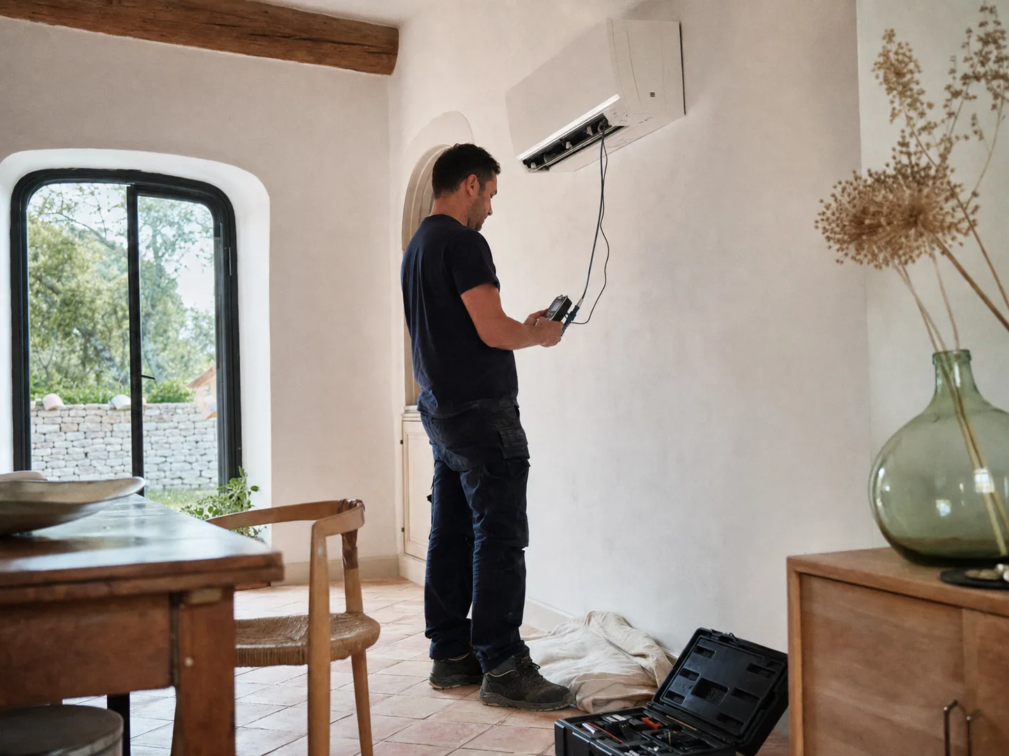 Technicien controlant une climatisation dans un interieur mediterraneen