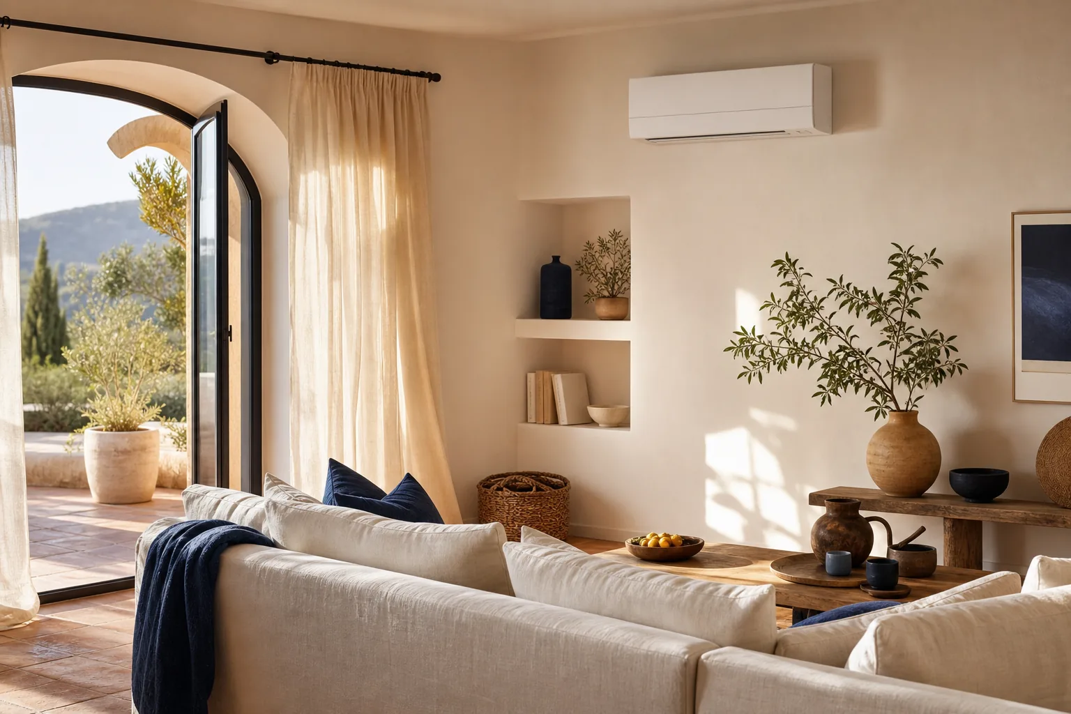 Climatisation murale discrète dans un salon méditerranéen baigné de lumière