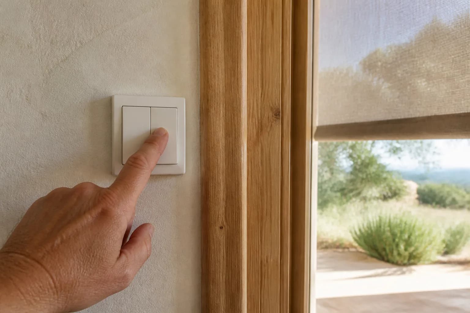 Main actionnant une commande murale simple à côté d’une menuiserie en bois dans une villa