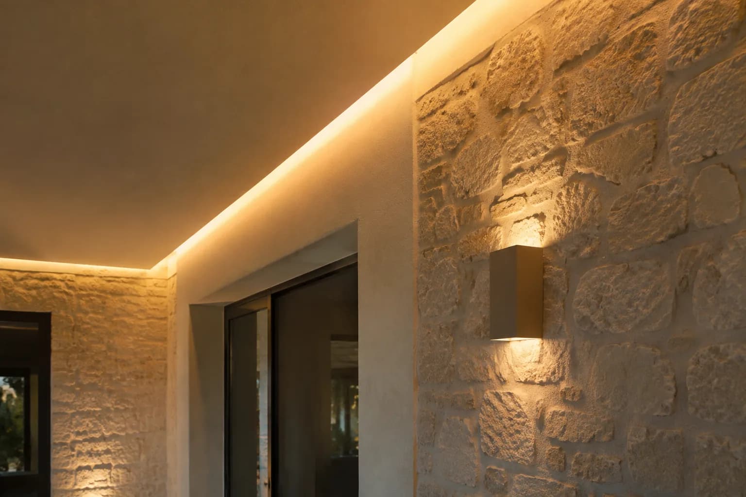 Gorge lumineuse et applique chaude mettant en valeur un mur de pierre naturelle