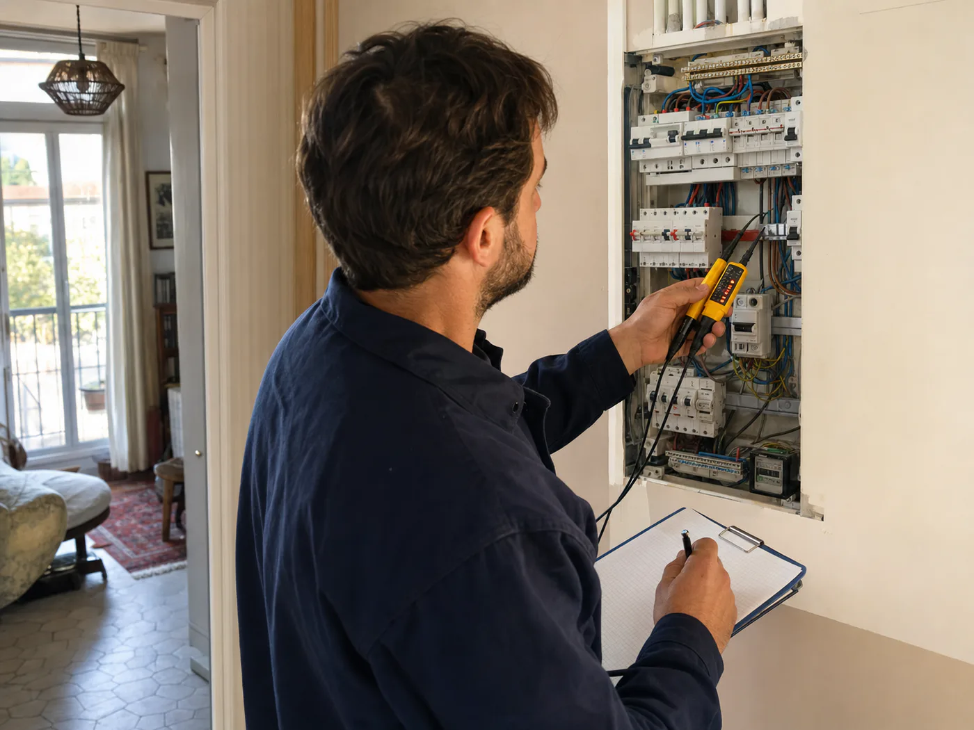 Technicien effectuant des mesures de diagnostic sur un tableau électrique existant