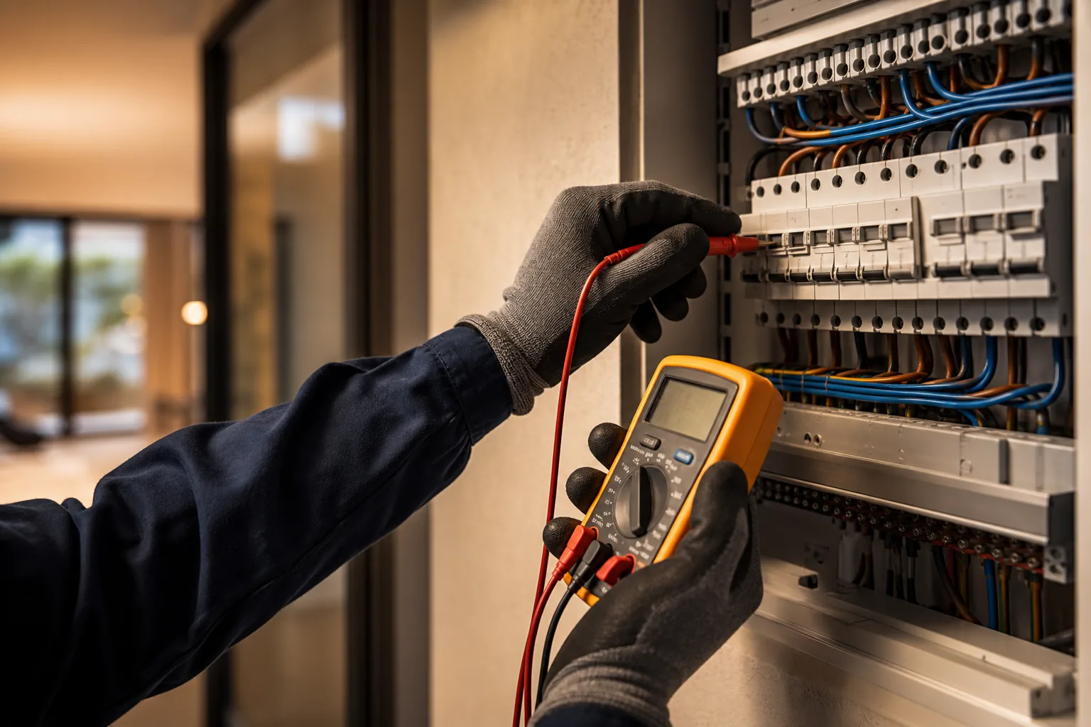 Mesures au multimètre dans un tableau électrique lors d’un diagnostic de panne