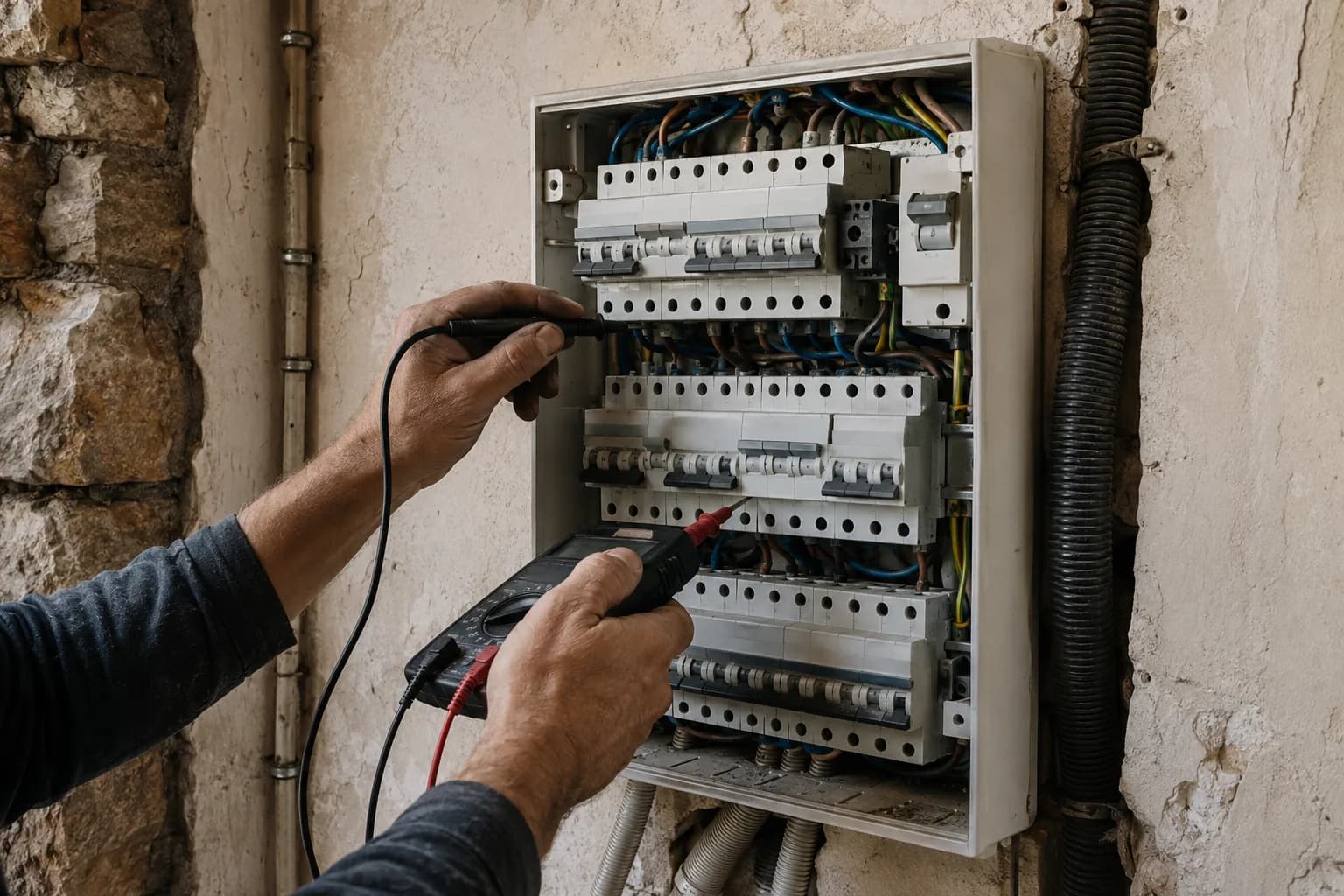Vérification contrôlée d’un ancien tableau électrique dans une villa en rénovation