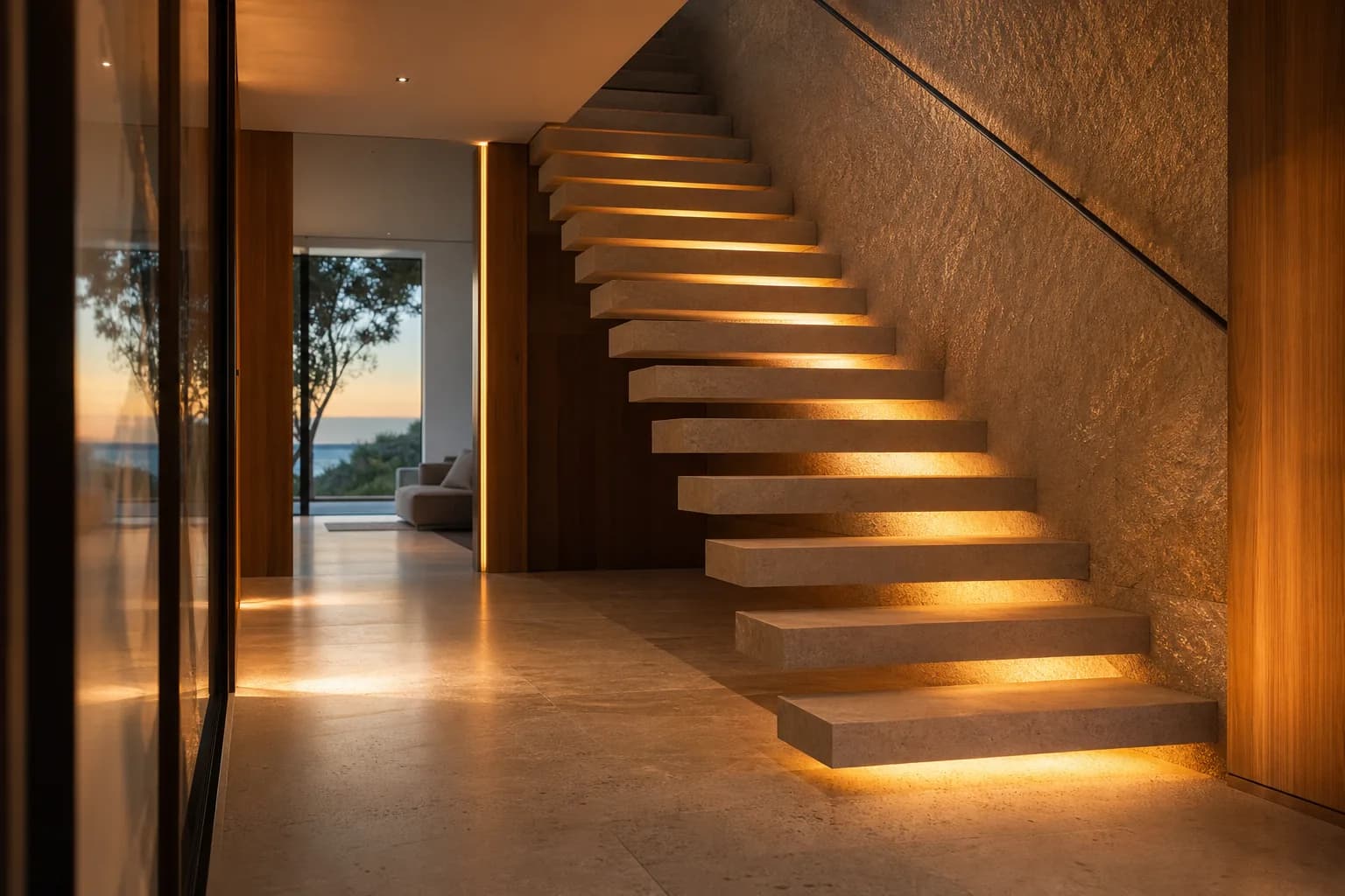Escalier contemporain accompagné par un éclairage architectural discret