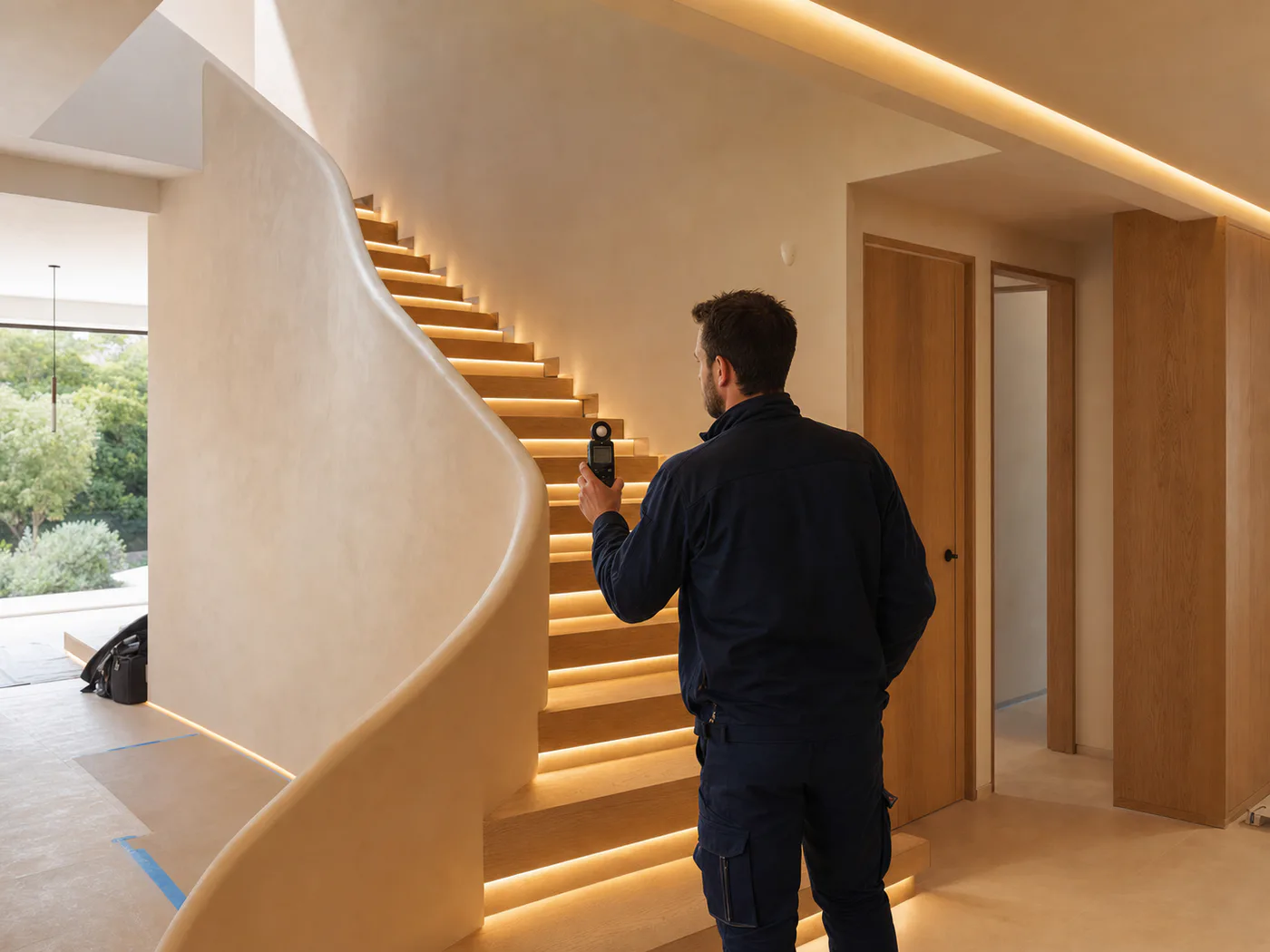 Technicien contrôlant l’éclairage architectural d’un escalier intérieur contemporain