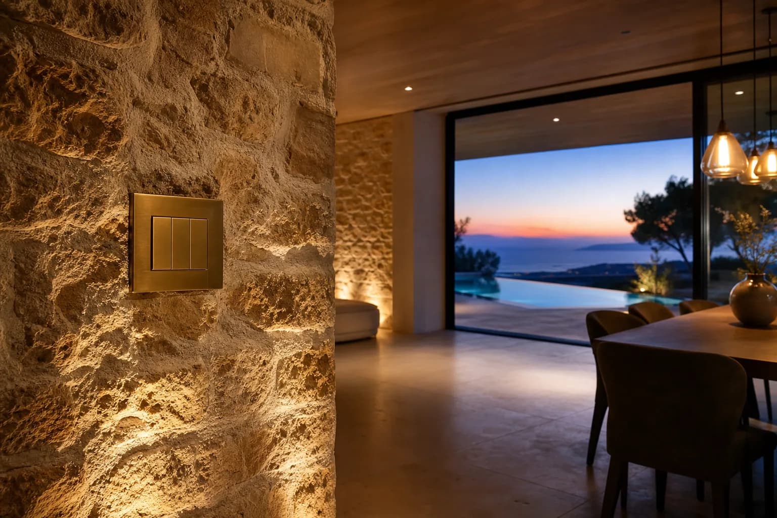 Éclairage extérieur et commande en laiton intégrés dans une villa contemporaine méditerranéenne