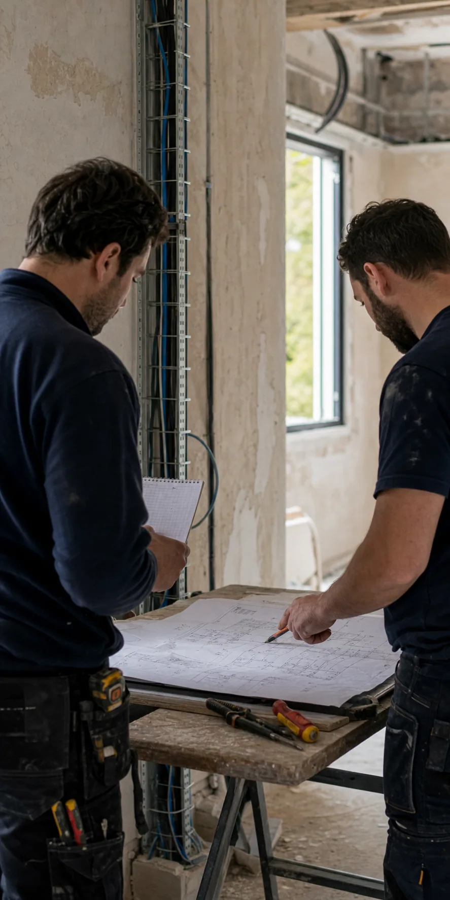 Deux techniciens étudient un plan électrique sur un chantier