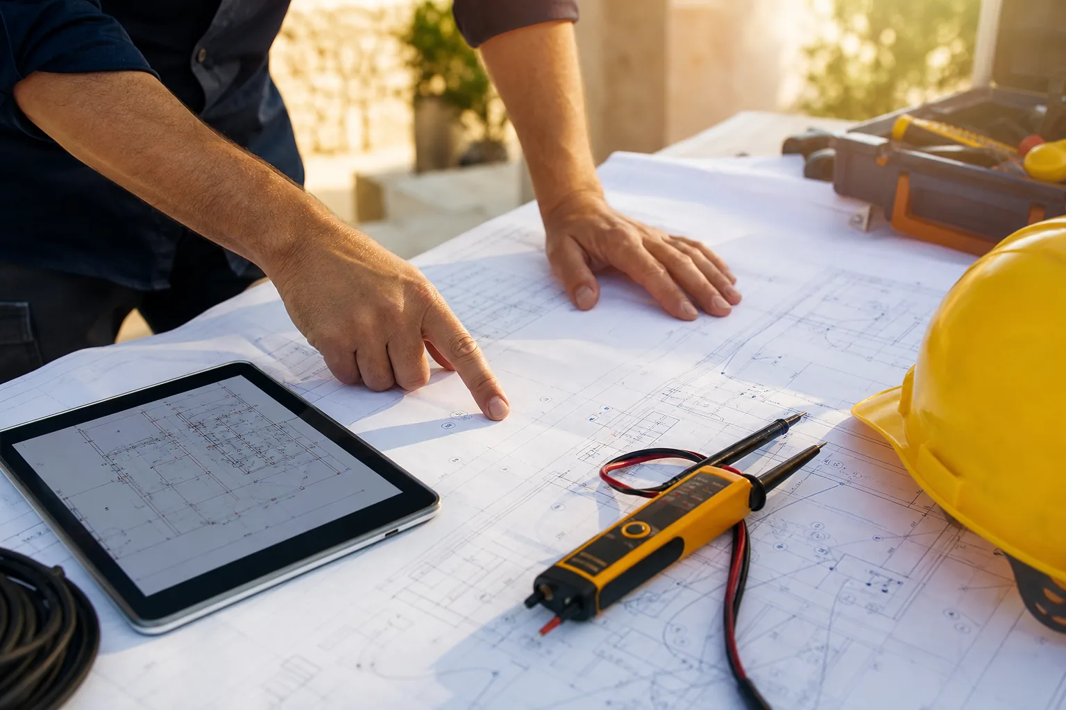 Étude de plans techniques et architecturaux avant un chantier de villa