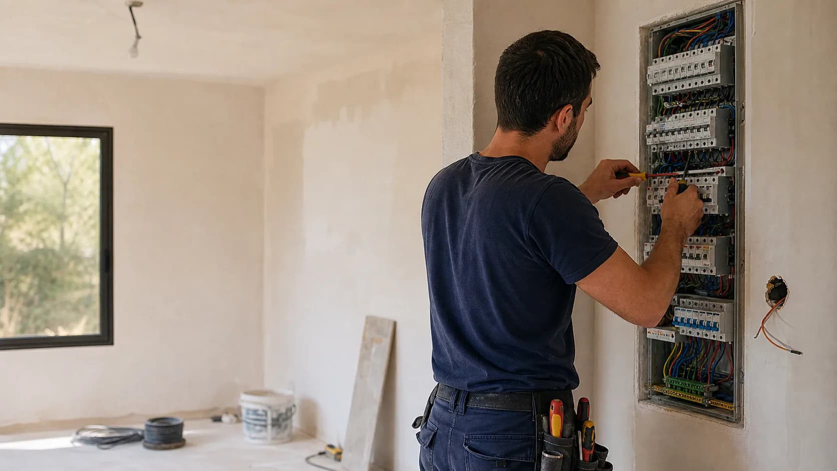 Electricien intervenant sur un tableau electrique pendant une renovation dans le Var