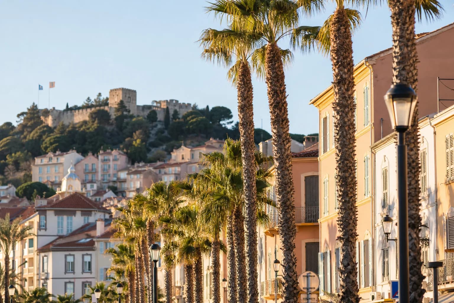 Avenue bordée de palmiers devant la vieille ville de Hyères