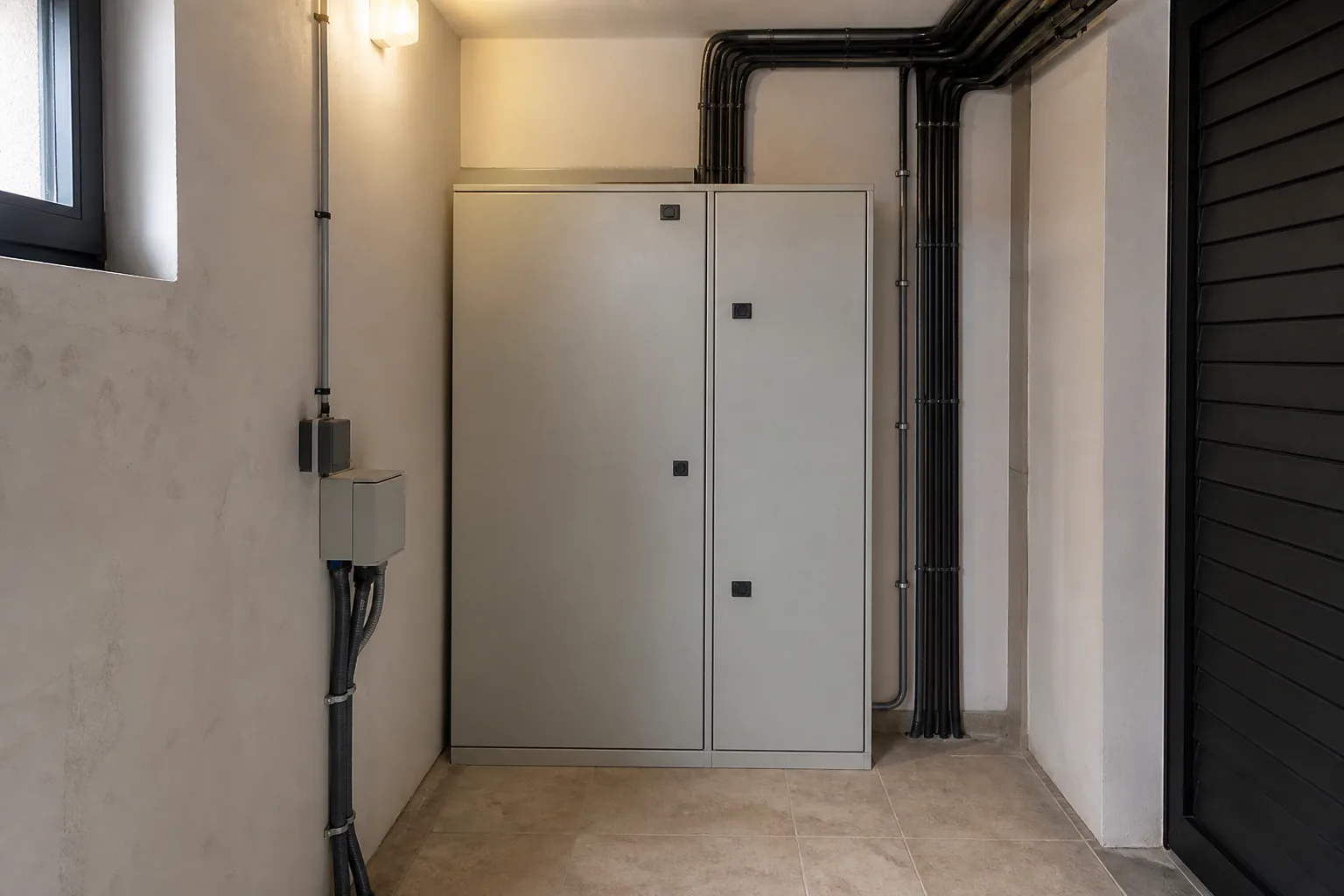 Armoire électrique fermée et cheminements ordonnés dans le local technique d’une villa
