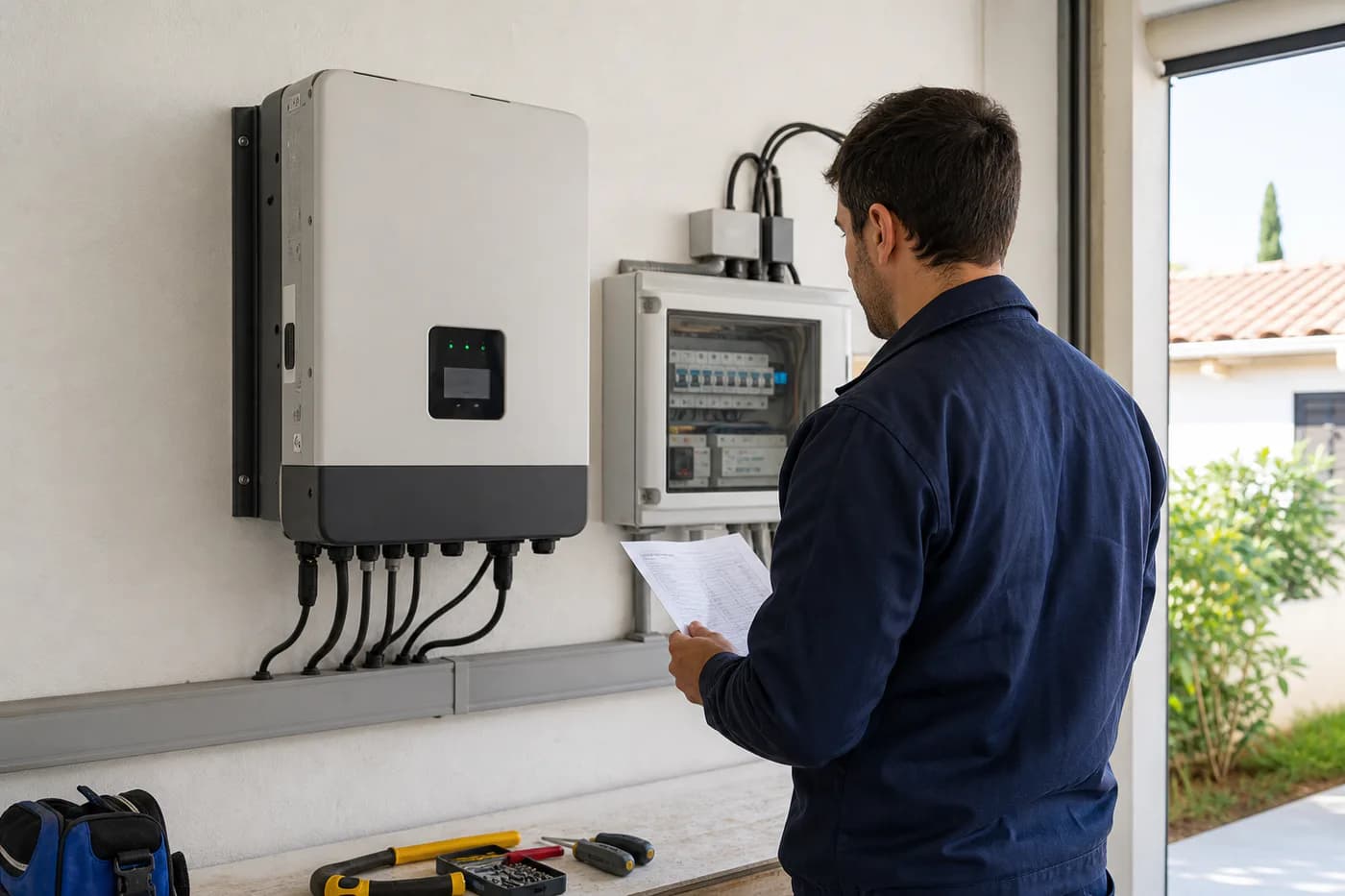 Technicien contrôlant un onduleur photovoltaïque et ses protections électriques