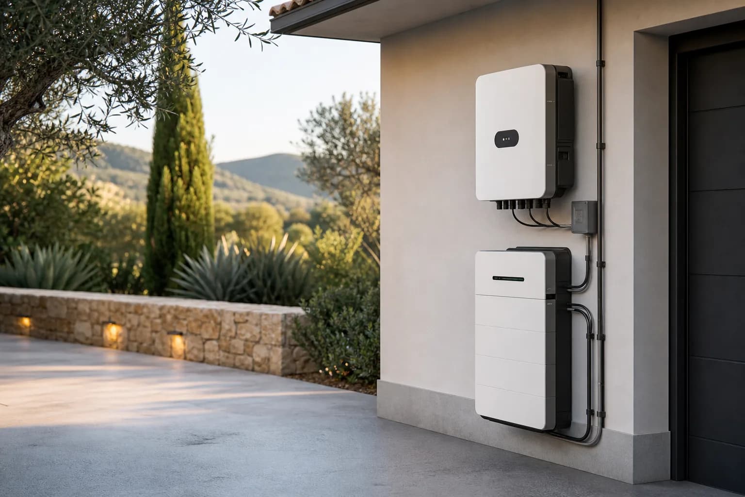 Onduleur photovoltaïque et batterie de stockage fixés au mur près du garage