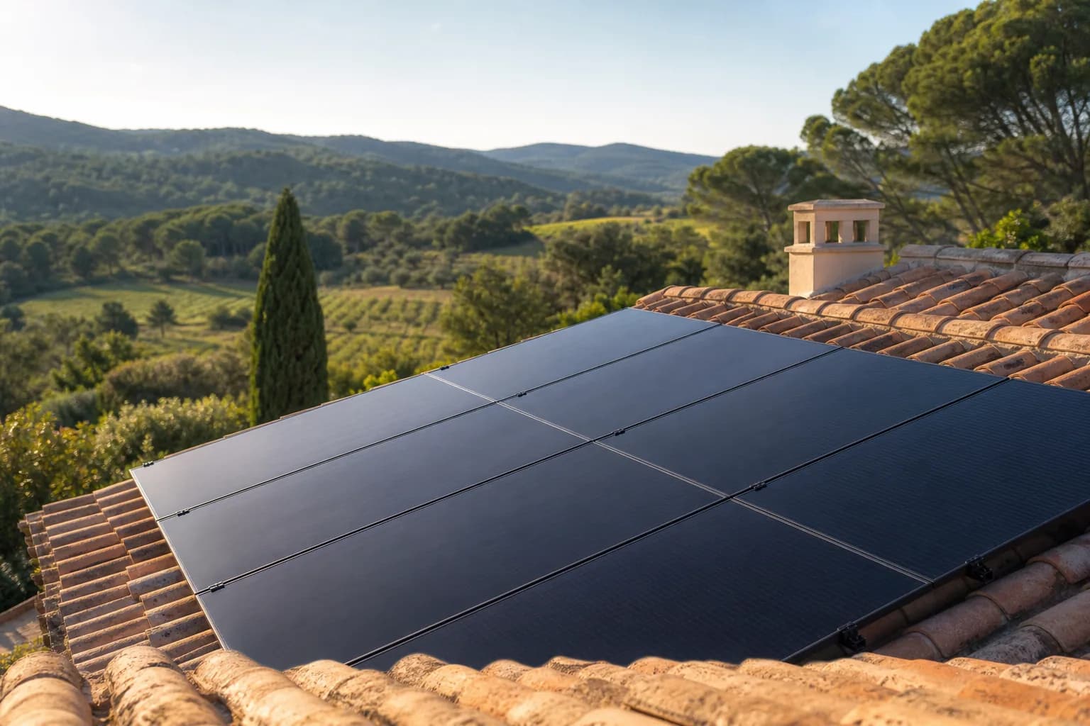 Panneaux photovoltaïques posés sur une toiture en tuiles face aux collines du Var