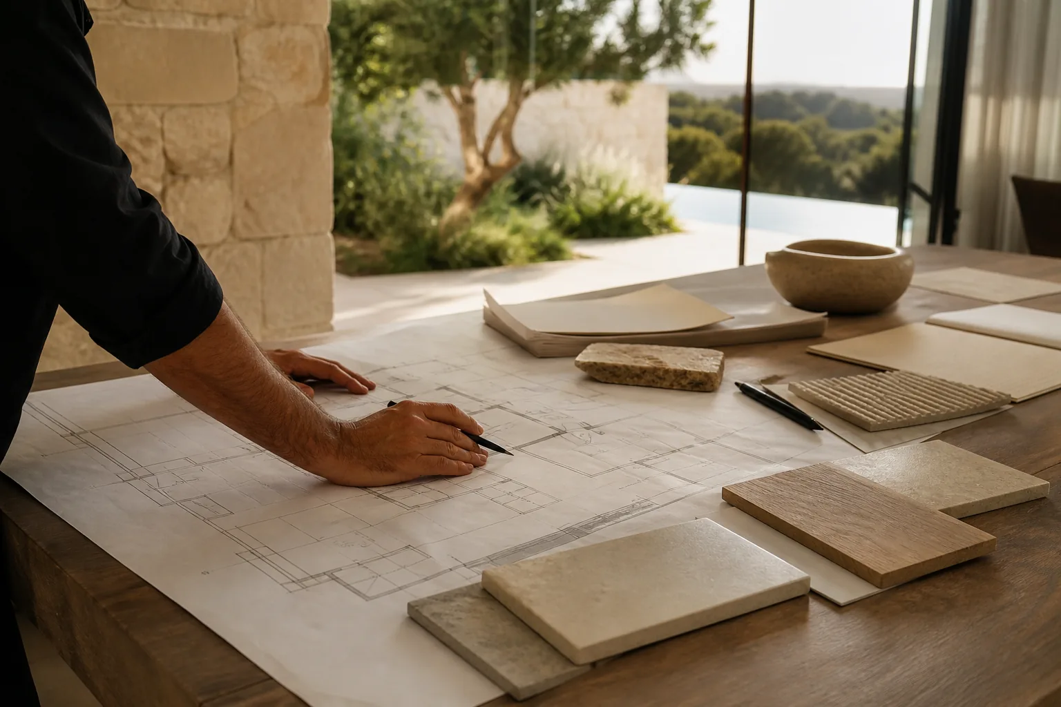 Professionnel étudiant les plans d’une villa avec des échantillons de pierre et de bois