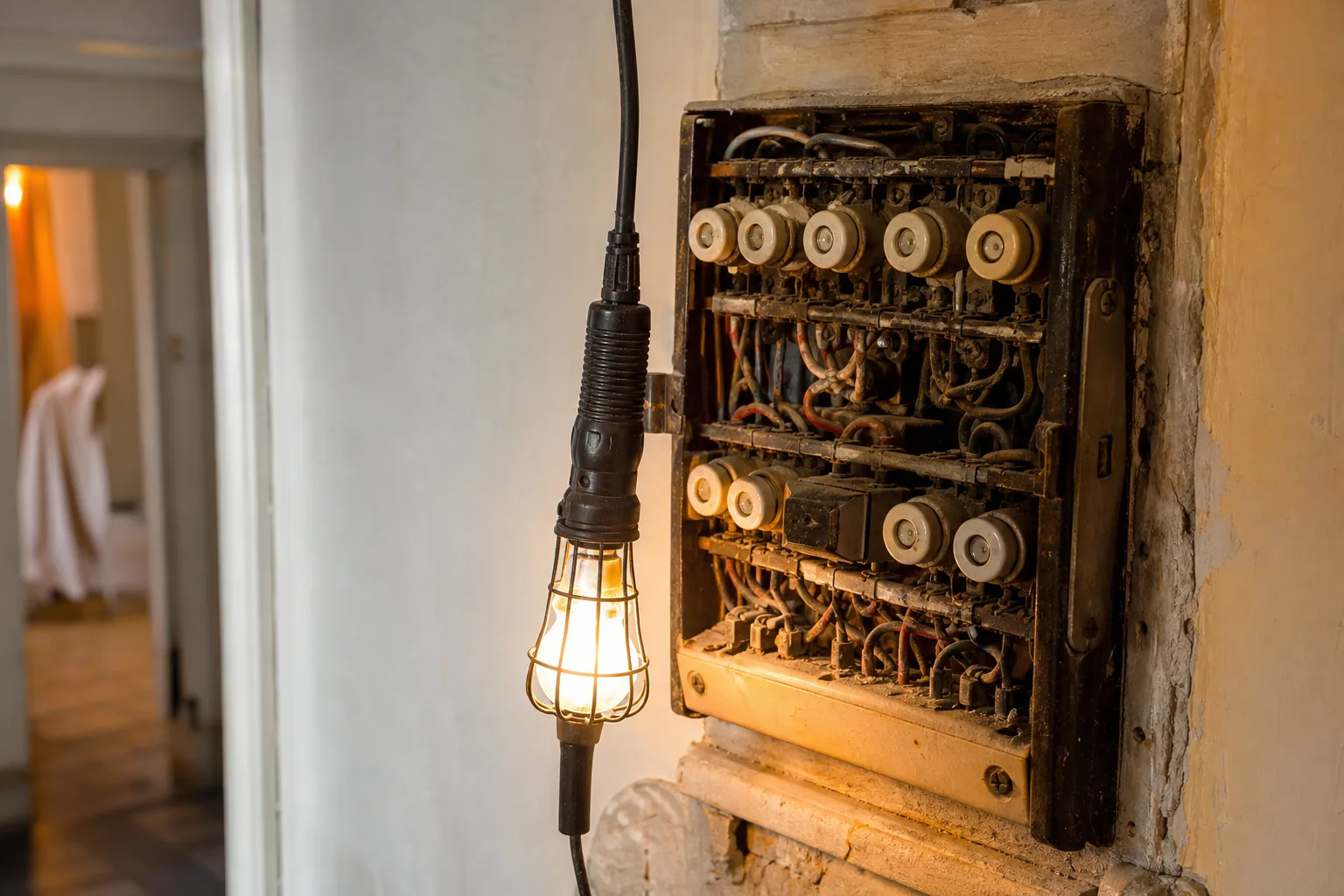Ancien tableau à fusibles observé avant une rénovation électrique